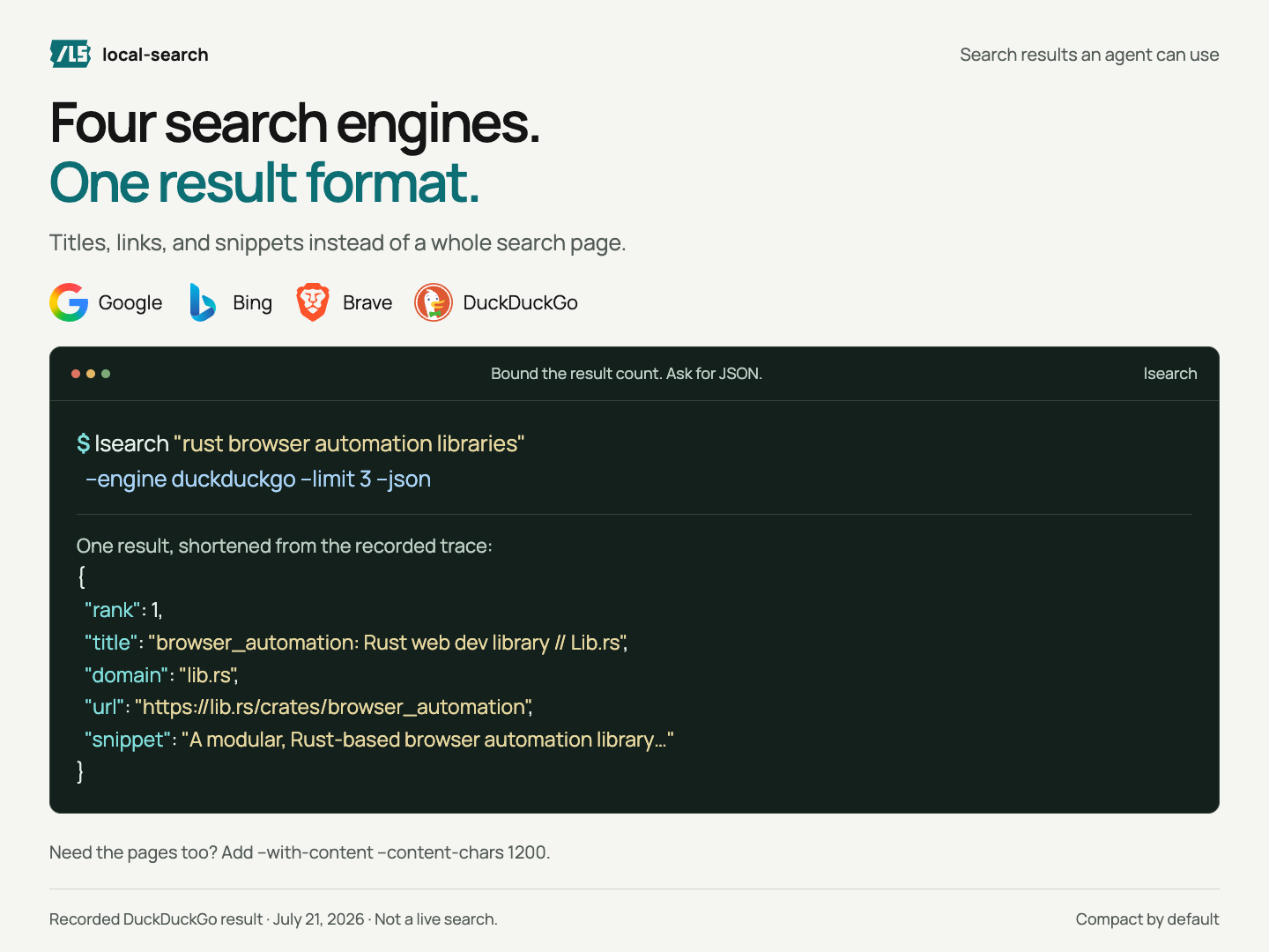 A search command returns compact result fields.